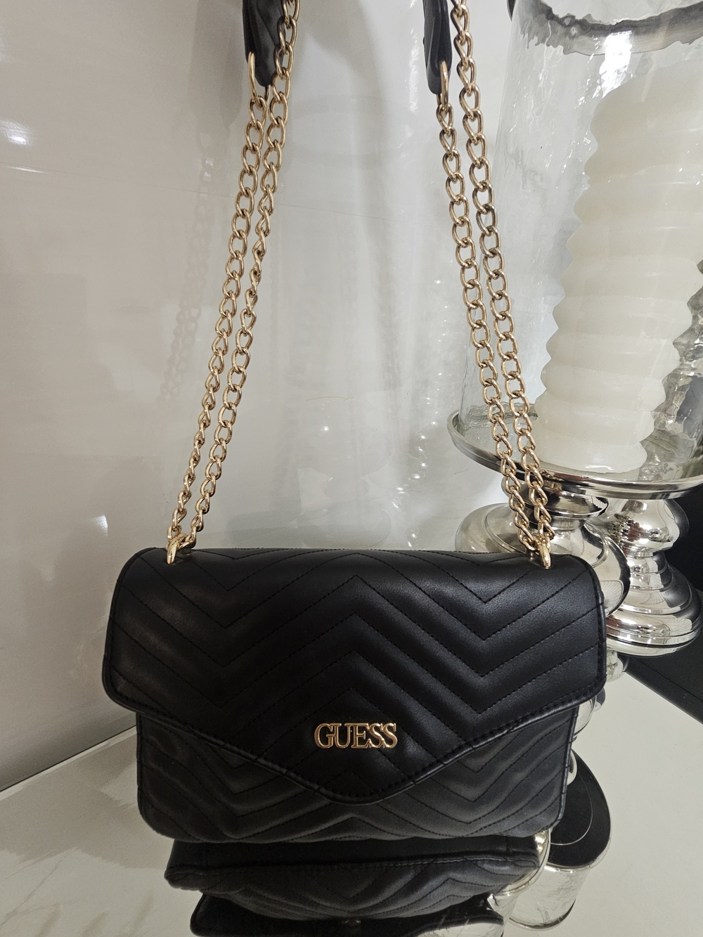 GUESS Black Quilted Chain Shoulder Bag
